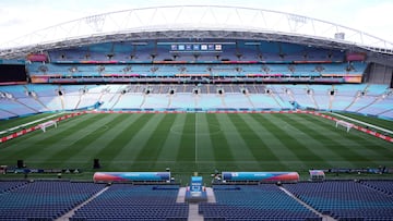 A general view shows the pitch and seating area of Stadium Australia in Sydney on August 15, 2023 on the eve of the Women's World Cup semi-final football match between Australia and England. (Photo by FRANCK FIFE / AFP)