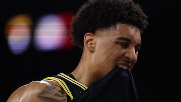 INDIANAPOLIS, INDIANA - APRIL 04: Yaxel Lendeborg #23 of the Michigan Wolverines reacts during the first half of the game against the Arizona Wildcats in the Final Four of the 2026 NCAA Men's Basketball Tournament at Lucas Oil Stadium on April 04, 2026 in Indianapolis, Indiana. Patrick Smith/Getty Images/AFP (Photo by Patrick Smith / GETTY IMAGES NORTH AMERICA / Getty Images via AFP)
