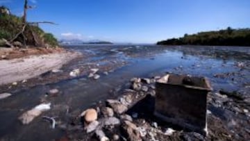Los escombros se acumulan en las aguas contaminadas de la bahía de Guanabara.