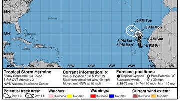 USA387. MIAMI (FL, EEUU), 23/09/2022.- Imagen cedida hoy, por la Oficina Nacional de Administración Oceánica y Atmosférica de Estados Unidos (NOAA), a través del Centro Nacional de Huracanes (NHC), en la que se registra el pronóstico de cinco días del paso de la tormenta tropical Hermine en el Atlántico. La tormenta tropical Hermine, octava de la actual temporada ciclónica en el Atlántico, se formó este viernes al noreste de las islas africanas de Cabo Verde, con un pronóstico de fuertes lluvias para las Islas Canarias (España), mientras otros sistemas mantiene en alerta a Canadá y el centro del Mar Caribe. EFE/NOAA-NHC /SOLO USO EDITORIAL /NO VENTAS /SOLO DISPONIBLE PARA ILUSTRAR LA NOTICIA QUE ACOMPAÑA /CRÉDITO OBLIGATORIO
