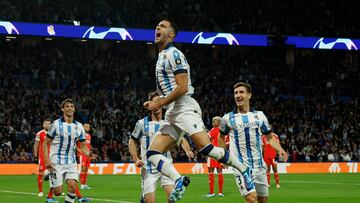 Soccer Football - Champions League - Group D - Real Sociedad v Benfica - Reale Arena, San Sebastian, Spain - November 8, 2023 Real Sociedad's Mikel Merino celebrates scoring their third goal before it is disallowed for handball REUTERS/Vincent West