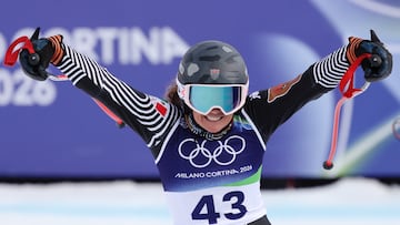 Milano Cortina 2026 Olympics - Alpine Skiing - Women's Super-G - Tofane Alpine Skiing Centre, Belluno, Italy - February 12, 2026. Sarah Schleper of Mexico reacts after her run during Women's Super-G. REUTERS/Leonhard Foeger