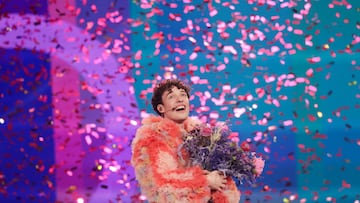 Nemo representing Switzerland reacts while holding flowers after winning during the Grand Final of the 2024 Eurovision Song Contest, in Malmo, Sweden, May 11, 2024. REUTERS/Leonhard Foeger