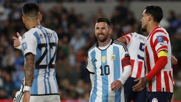 Argentina's forward Lionel Messi gestures during the 2026 FIFA World Cup South American qualification football match between Argentina and Paraguay at the Mas Monumental stadium in Buenos Aires, on October 12, 2023. (Photo by Alejandro PAGNI / AFP)