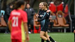 Mar 24, 2024; Portland, Oregon, USA;  NJ/NY Gotham FC forward Esther Gonzalez (9) celebrates a goal during the second half against the Portland Thorns FC at Providence Park. Mandatory Credit: Troy Wayrynen-USA TODAY Sports