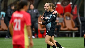 Mar 24, 2024; Portland, Oregon, USA;  NJ/NY Gotham FC forward Esther Gonzalez (9) celebrates a goal during the second half against the Portland Thorns FC at Providence Park. Mandatory Credit: Troy Wayrynen-USA TODAY Sports