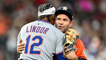 HOUSTON, TEXAS - MARCH 28: Jose Altuve #27 of the Houston Astros greets Francisco Lindor #12 of the New York Mets at Daikin Park on March 28, 2025 in Houston, Texas. Maria Lysaker/Getty Images/AFP (Photo by Maria Lysaker / GETTY IMAGES NORTH AMERICA / Getty Images via AFP)