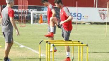 Escudero, en su primer entrenamiento con el Sevilla