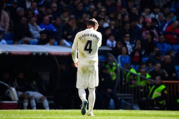 Real Madrid's Spanish defender Sergio Ramos walks off the pitch after receiving a red card during the Spanish League football match between Real Madrid and Girona at the Santiago Bernabeu stadium in Madrid on February 17, 2019.