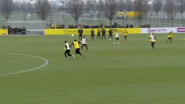 Usain Bolt has onion bag billowing with training ground header