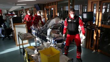 A patient infected with the coronavirus disease (COVID-19) is transported in a plastic sarcophagus to a medical helicopter assigned by the Centre Medical Heliporte (CMH) of Bra-sur-Lienne, to be transferred from the CHU de Liege hospital to Germany in Lie