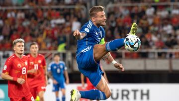 Skopje (Republic Of North Macedonia), 09/09/2023.- Ciro Immobile (R) of Italy in action during the UEFA Euro 2024 qualifying soccer match between North Macedonia and Italy in Skopje, North Macedonia, 09 September 2023. (Italia) EFE/EPA/GEORGI LICOVSKI
