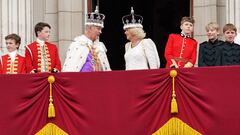 King Charles III and Queen Camilla on the balcony of Buckingham Palace, London, following the coronation. Picture date: Saturday May 6, 2023.   Stefan Rousseau/Pool via REUTERS