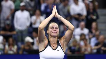 (FILES) Belarus's Aryna Sabalenka reacts after defeating USA's Amanda Anisimova during their women's singles final tennis match on day fourteen of the US Open tennis tournament at the USTA Billie Jean King National Tennis Center in New York City, on September 6, 2025. World number one and repeat Flushing Meadows champion Aryna Sabalenka withdrew from the prestigious China Open due to injury, competition organisers said on September 17, 2025. (Photo by CHARLY TRIBALLEAU / AFP)