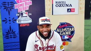 ARLINGTON, TEXAS - JULY 15: Marcell Ozuna #20 of the Atlanta Braves speaks to the media during Gatorade All-Star Workout Day at Globe Life Field on July 15, 2024 in Arlington, Texas.   Stacy Revere/Getty Images/AFP (Photo by Stacy Revere / GETTY IMAGES NORTH AMERICA / Getty Images via AFP)