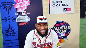 ARLINGTON, TEXAS - JULY 15: Marcell Ozuna #20 of the Atlanta Braves speaks to the media during Gatorade All-Star Workout Day at Globe Life Field on July 15, 2024 in Arlington, Texas. Stacy Revere/Getty Images/AFP (Photo by Stacy Revere / GETTY IMAGES NORTH AMERICA / Getty Images via AFP)