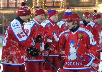 Vladimir Putin took part in the traditional Christmas day ice hockey exhibition match in Red Square and led his side to victory, scoring eight times in an 8-5 victory, according to the Associated Press and Reuters, although the Kremlin match report credit