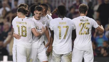 BARCELONA, SPAIN - OCTOBER 26:  Bayern Munchen's defender Benjamin Pavard celebrates his goal during the Uefa Champions League football match between FC Barcelona vs Bayern Munchen at the Camp Nou stadium in Barcelona on October 26, 2022. (Photo by Adria Puig/Anadolu Agency via Getty Images)