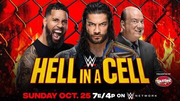 Jey uso, Roman Reigns y Paul Heyman, en el cartel de Hell in a Cell 2020.