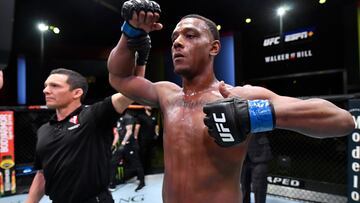 LAS VEGAS, NEVADA - FEBRUARY 19: Jamahal Hill reacts after his knockout victory over Johnny Walker of Brazil in their light heavyweight fight during the UFC Fight Night event at UFC APEX on February 19, 2022 in Las Vegas, Nevada. (Photo by Jeff Bottari/Zuffa LLC)
