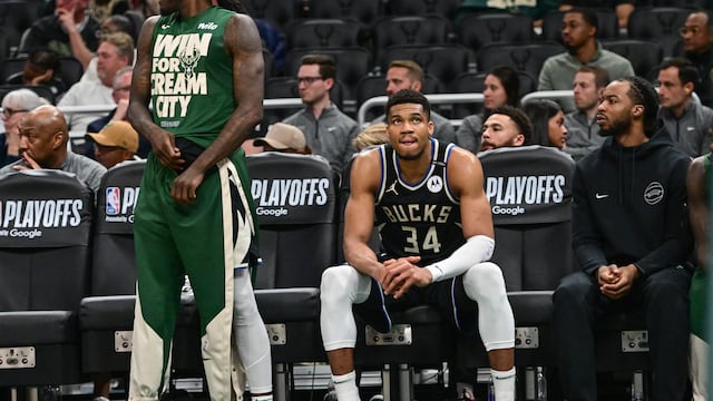 Milwaukee Bucks forward Giannis Antetokounmpo (34) looks on in the final seconds of the game against the Indiana Pacers during game four of first round for the 2024 NBA Playoffs at Fiserv Forum.