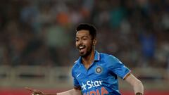 India&#039;s Hardik Pandya celebrate after taking the catch of Sri Lankas&#039;s Chamara Kapugedera during the second  T20 international match between India and Sri Lanka at the Jharkhand State  Complex  in Ranchi on February 12, 2016.