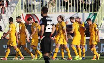 Australia's forward Apostolos Giannou (3rd-R) celebrates after scoring a goal during the 2019 AFC Asian Cup group B football match between Palestine and Australia at the Maktoum Bin Rashid Al-Maktoum Stadium in Dubai