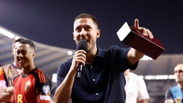 Former Red Devils captain Eden Hazard reacts as he celebrates the end of his career with the Belgian national team Red Devils, after the UEFA Euro 2024 group F qualification football match between Belgium and Austria at the King Baudouin Stadium in Brussels, on June 17, 2023. (Photo by Kenzo TRIBOUILLARD / AFP)