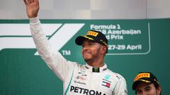 BAKU, AZERBAIJAN - APRIL 29:  Race winner Lewis Hamilton of Great Britain and Mercedes GP celebrates on the podium during the Azerbaijan Formula One Grand Prix at Baku City Circuit on April 29, 2018 in Baku, Azerbaijan.  (Photo by Clive Mason/Getty Images