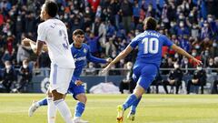 Enes &Uuml;nal (right) celebrates his winning goal in Getafe&#039;s 1-0 victory over Real Madrid on Sunday.