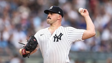 NEW YORK, NEW YORK - JULY 07: Carlos Rodon #55 of the New York Yankees throws a pitch during the first inning of the game against the Chicago Cubs at Yankee Stadium on July 7, 2023 in the Bronx borough of New York City.   Dustin Satloff/Getty Images/AFP (Photo by Dustin Satloff / GETTY IMAGES NORTH AMERICA / Getty Images via AFP)