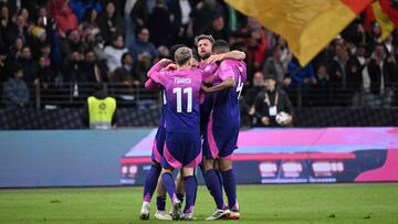 Germany's forward #09 Niclas Fuellkrug (2nd R) celebrates scoring the 2-1 goal with his team-mates during the friendly football match between Germany and Netherlands in Frankfurt, western Germany, on March 26, 2024. (Photo by Kirill KUDRYAVTSEV / AFP)