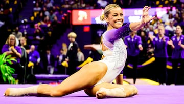 BATON ROUGE, LA - JANUARY 3: Olivia Dunne of the LSU Tigers in action during a meet against the Iowa State Cyclones on January 3, 2025 at the Pete Maravich Assembly Center in Baton Rouge, Louisiana. (Photo by Reagan Cotten/University Images via Getty Images)