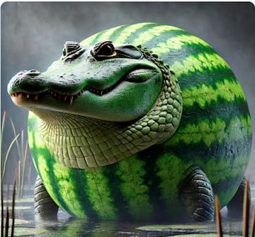 El cocodrilo sand¨ªa italiano. Ni completamente reptil ni completamente fruta, este enigm¨¢tico ser es una maravilla de la naturaleza, que combina la dulzura de las sand¨ªas m¨¢s maduras del verano con la formidable presencia de un depredador primigenio.