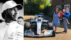 Im&aacute;genes de Lewis Hamilton sonriendo y del peque&ntilde;o Harry Shaw, el ni&ntilde;o enfermo en fase terminal al que le env&iacute;o un Mercedes de F&oacute;rmula 1 y el premio de ganador del GP de Espa&ntilde;a, posando con estos regalos junto a sus padres.
 