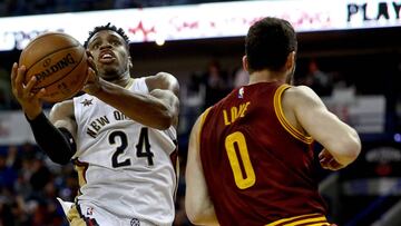 Jan 23, 2017; New Orleans, LA, USA; New Orleans Pelicans guard Buddy Hield (24) defended by Cleveland Cavaliers forward Kevin Love (0) during the second half of a game at the Smoothie King Center. The Pelicans defeated the Cavaliers 124-122. Mandatory Credit: Derick E. Hingle-USA TODAY Sports