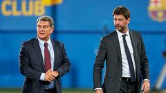 BARCELONA, SPAIN - AUGUST 08: Joan Laporta, President of FC Barcelona and Andrea Agnelli, President of Juventus looks on after the Joan Gamper Trophy match between FC Barcelona and Juventus at Estadi Johan Cruyff on August 08, 2021 in Barcelona, Spain. (Photo by Pedro Salado/Quality Sport Images/Getty Images)