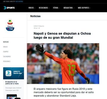 El equipo genovés fue otro de los clubes italianos interesados en contratar a Francisco Guillermo Ochoa después de sus impresionantes actuaciones en el Mundial de Rusia (principalmente ante Alemania y Corea del Sur). El portero mexicano no llegó a un arreglo con Los Rojiazules y permaneció un año más con Standard de Lieja.