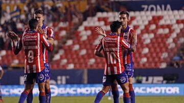Leonardo Bonatini, Juan Sanabria, Sebastien Salles-lamonge celebrates goal 1-0 of San Luis during the game Atletico San Luis vs Leon, corresponding to Play In of the Torneo Apertura 2023 of the Liga BBVA MX, at Alfonso Lastras Stadium, on November 23, 2023.
<br><br>
Sebastien Salles-lamonge celebran gol 1-0 de San Luis durante el partido Atletico San Luis vs Leon, correspondiente al Play In del Torneo Apertura 2023 de la Liga BBVA MX, en el Estadio Alfonso Lastras, el 23 de noviembre de 2023.