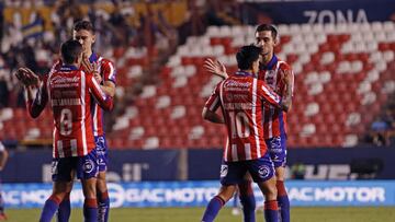    Leonardo Bonatini, Juan Sanabria, Sebastien Salles-lamonge celebrates goal 1-0 of San Luis during the game Atletico San Luis vs Leon, corresponding to Play In of the Torneo Apertura 2023 of the Liga BBVA MX, at Alfonso Lastras Stadium, on November 23, 2023. 

<br><br>

Sebastien Salles-lamonge celebran gol 1-0 de San Luis durante el partido Atletico San Luis vs Leon, correspondiente al Play In del Torneo Apertura 2023 de la Liga BBVA MX, en el Estadio Alfonso Lastras, el 23 de noviembre de 2023.