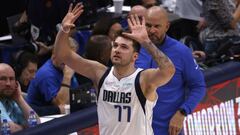 DALLAS, TX - MAY 6: Luka Doncic #77 of the Dallas Mavericks celebrates the teams 103-94 win over the Phoenix Suns late in the second half of Game Three of the 2022 NBA Playoffs Western Conference Semifinals at American Airlines Center on May 6, 2022 in Dallas, Texas. NOTE TO USER: User expressly acknowledges and agrees that, by downloading and or using this photograph, User is consenting to the terms and conditions of the Getty Images License Agreement.   Ron Jenkins/Getty Images/AFP
 == FOR NEWSPAPERS, INTERNET, TELCOS &amp; TELEVISION USE ONLY ==