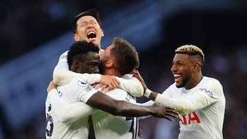 LONDON, ENGLAND - MAY 12: Heung-Min Son, Davinson Sanchez and Rodrigo Bentancur of Tottenham Hotspur celebrate their side's second goal scored by Harry Kane of Tottenham Hotspur (not pictured) during the Premier League match between Tottenham Hotspur and Arsenal at Tottenham Hotspur Stadium on May 12, 2022 in London, England. (Photo by Tottenham Hotspur FC/Tottenham Hotspur FC via Getty Images)