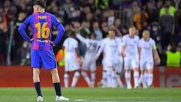 Barcelona's Spanish midfielder Pedri reacts during the Europa League quarter final second leg football match between FC Barcelona and Eintracht Frankfurt at the Camp Nou stadium in Barcelona on April 14, 2022. (Photo by Jose Jordan / AFP) (Photo by JOSE JORDAN/AFP via Getty Images)