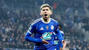 Strasbourg�s Paraguayan midfielder #10 Julio Enciso celebrates after scoring a goal during the French Cup round of 16 football match between RC Strasbourg Alsace and AS Monaco at the Stade de la Meinau in Strasbourg, eastern France, on February 5, 2026. (Photo by Frederick FLORIN / AFP)
