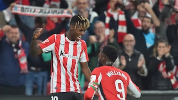 Nico Williams e Iñaki celebran su gol ante el Rayo en San Mamés.