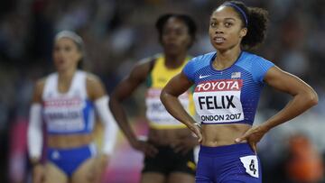 Allyson Felix, tras competir en las series de 400 en los Mundiales de Atletismo de Londres.