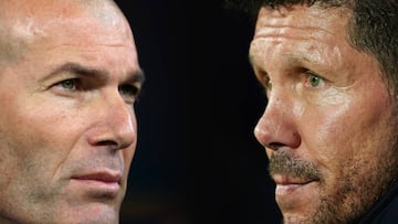 FILE PHOTO (EDITORS NOTE: COMPOSITE OF IMAGES - Image numbers 1199052397,1202717318 - GRADIENT ADDED) In this composite image a comparison has been made between Zinedine Zidane, Manager of Real Madrid (L) and Diego Simeone head coach of Club Atletico de M