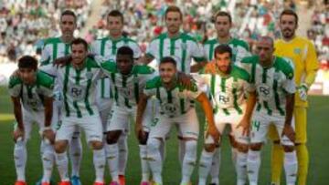CORDOBA, SPAIN - AUGUST 06: Cordoba CF line up prior to start the pre season friendly match between Cordoba CF and Raja de Casablanca at El Arcangel stadium on August 6, 2014 in Cordoba, Spain. (Photo by Gonzalo Arroyo Moreno/Getty Images)