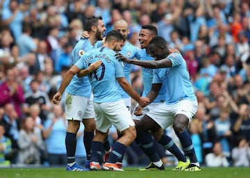 Sergio Aguero of Manchester City celebrates after opening scoring against Huddersfield Town.