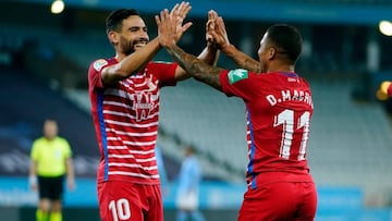 Puertas y Mach&iacute;s celebran el primer gol del Granada.